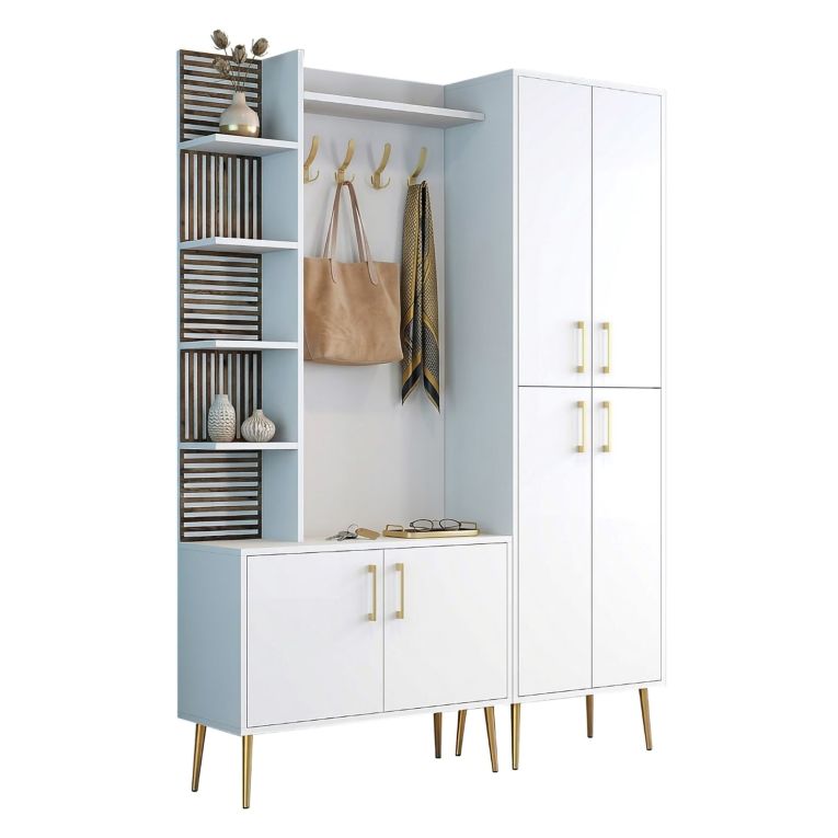 Mobile da Ingresso Bianco Marrone Noce Appendiabiti 13 Ripiani 150x35x202h cm, Apertura Battente - Paludi