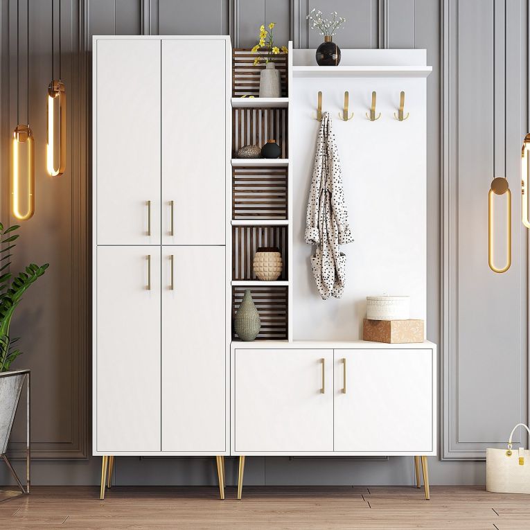 Mobile da Ingresso Bianco Marrone Noce Appendiabiti 13 Ripiani 150x35x202h cm, Apertura Battente - Paludi