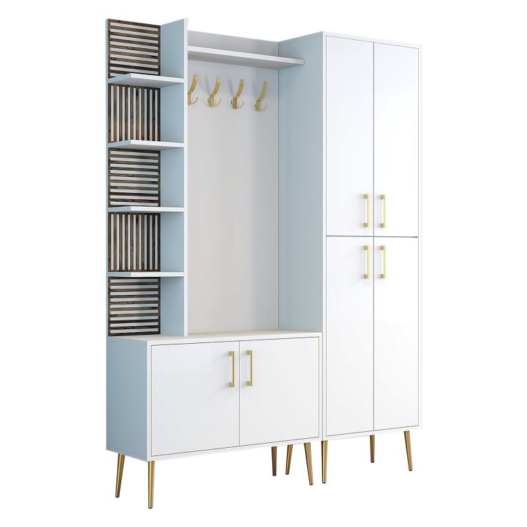 Mobile da Ingresso Bianco Marrone Noce Appendiabiti 13 Ripiani 150x35x202h cm, Apertura Battente - Paludi