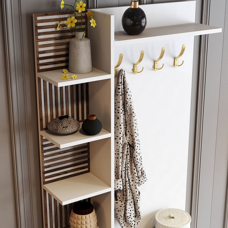 Mobile da Ingresso Bianco Marrone Noce Appendiabiti 13 Ripiani 90x35x200h cm, Apertura Battente - Loceri