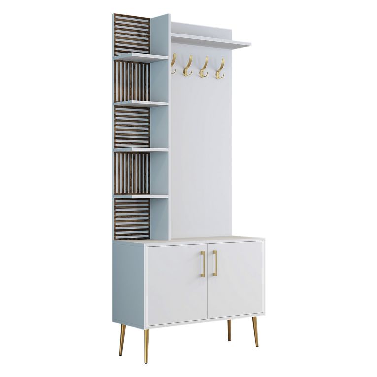 Mobile da Ingresso Bianco Marrone Noce Appendiabiti 13 Ripiani 90x35x200h cm, Apertura Battente - Loceri
