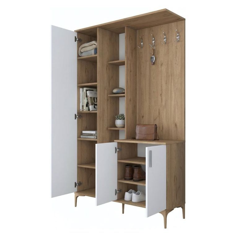 Mobile da Ingresso Bianco Marrone Noce Specchio Incluso Appendiabiti 120x38x199h cm, 11 Ripiani - Priero