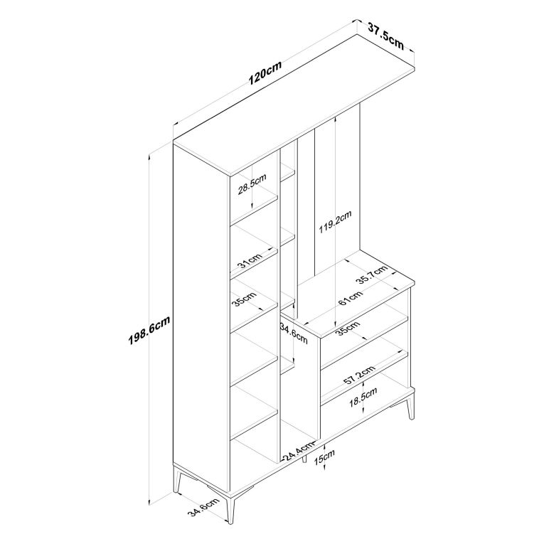 Mobile da Ingresso Bianco Marrone Noce Specchio Incluso Appendiabiti 120x38x199h cm, 11 Ripiani - Priero