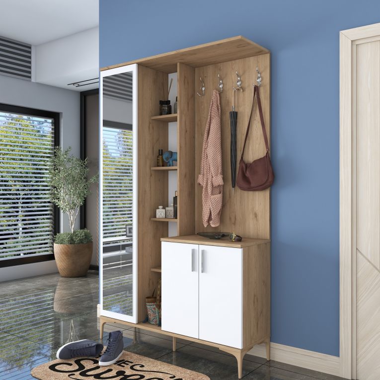 Mobile da Ingresso Bianco Marrone Noce Specchio Incluso Appendiabiti 120x38x199h cm, 11 Ripiani - Priero