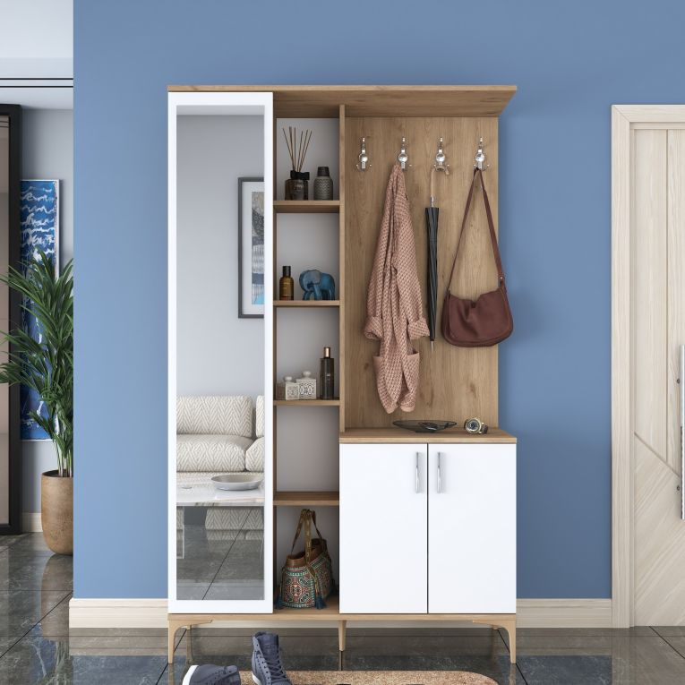 Mobile da Ingresso Bianco Marrone Noce Specchio Incluso Appendiabiti 120x38x199h cm, 11 Ripiani - Priero