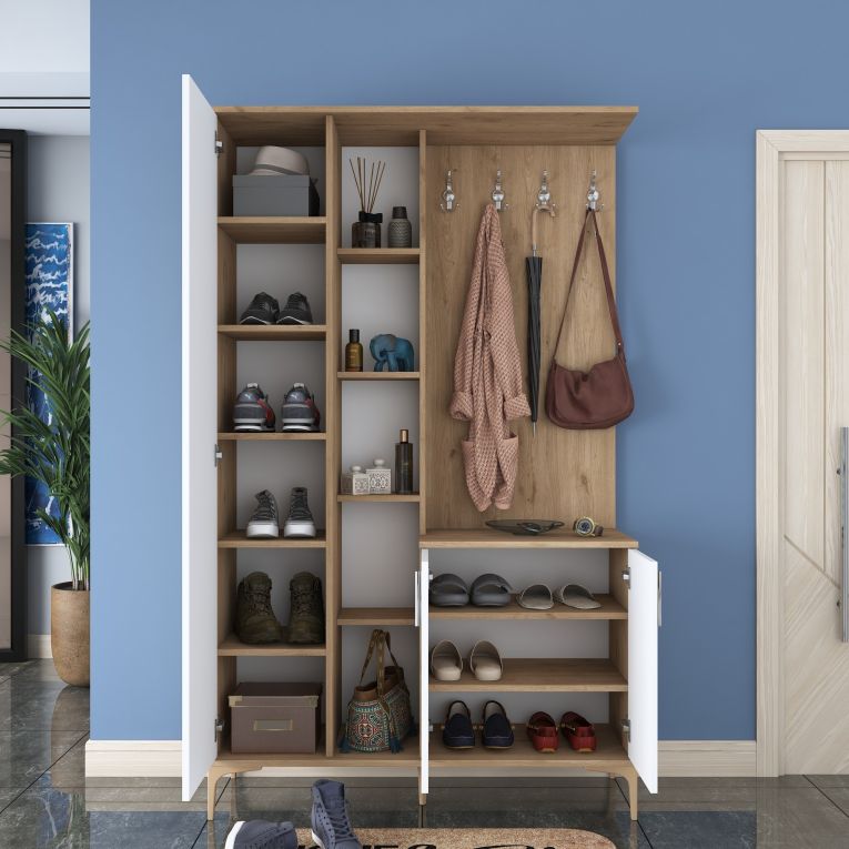 Mobile da Ingresso Bianco Marrone Noce Specchio Incluso Appendiabiti 120x38x199h cm, 11 Ripiani - Priero