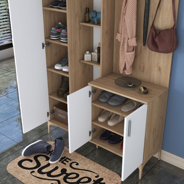 Mobile da Ingresso Bianco Marrone Noce Specchio Incluso Appendiabiti 120x38x199h cm, 11 Ripiani - Priero