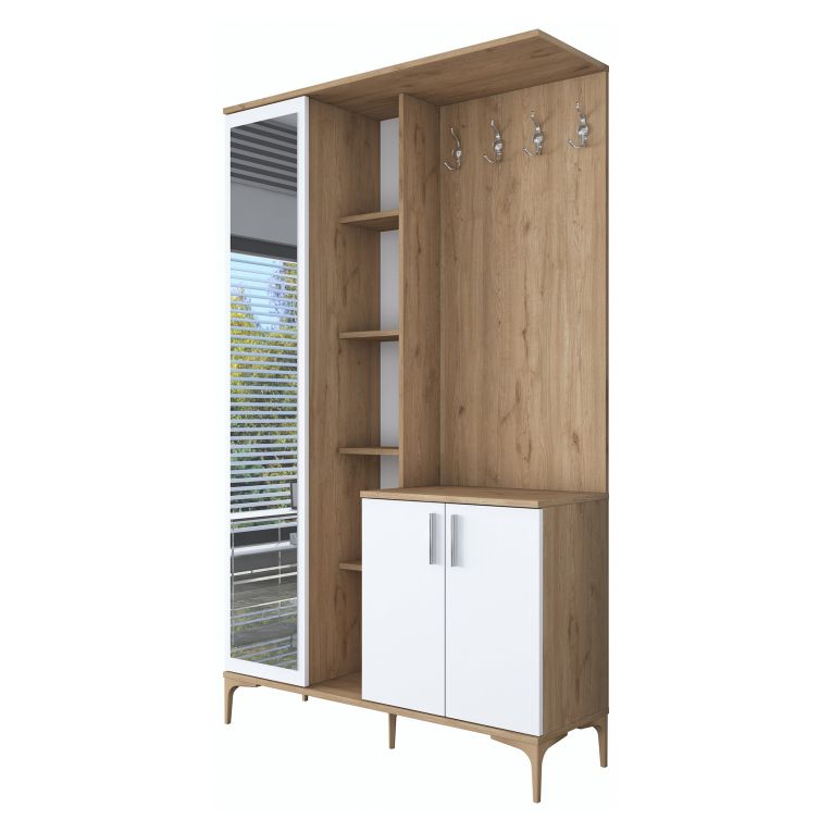 Mobile da Ingresso Bianco Marrone Noce Specchio Incluso Appendiabiti 120x38x199h cm, 11 Ripiani - Priero
