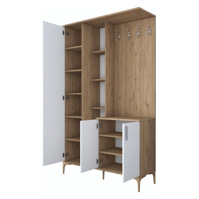 Mobile da Ingresso Bianco Marrone Noce Specchio Incluso Appendiabiti 120x38x199h cm, 11 Ripiani - Priero
