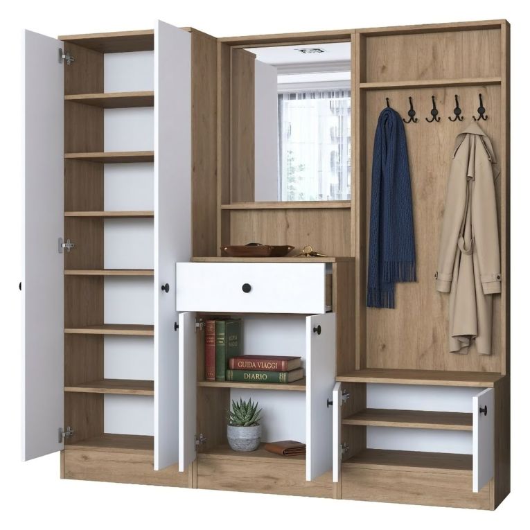 Mobile da Ingresso Bianco Marrone Noce Specchio Incluso Appendiabiti 179x36x183h cm, 11 Ripiani - Elmas