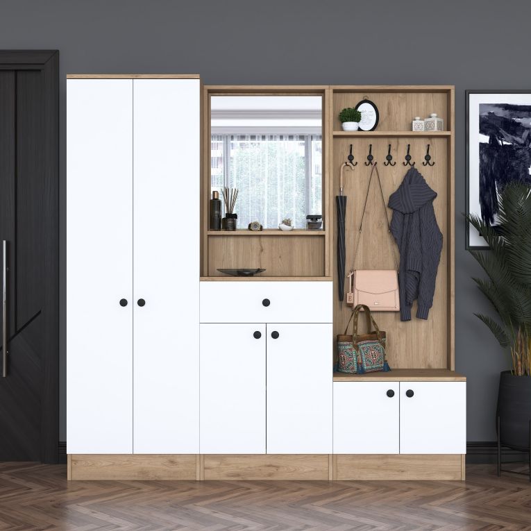 Mobile da Ingresso Bianco Marrone Noce Specchio Incluso Appendiabiti 179x36x183h cm, 11 Ripiani - Elmas