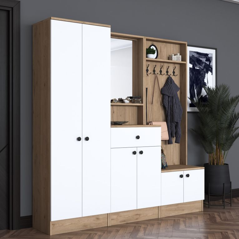 Mobile da Ingresso Bianco Marrone Noce Specchio Incluso Appendiabiti 179x36x183h cm, 11 Ripiani - Elmas