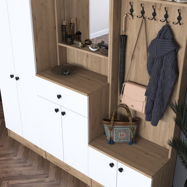 Mobile da Ingresso Bianco Marrone Noce Specchio Incluso Appendiabiti 179x36x183h cm, 11 Ripiani - Elmas