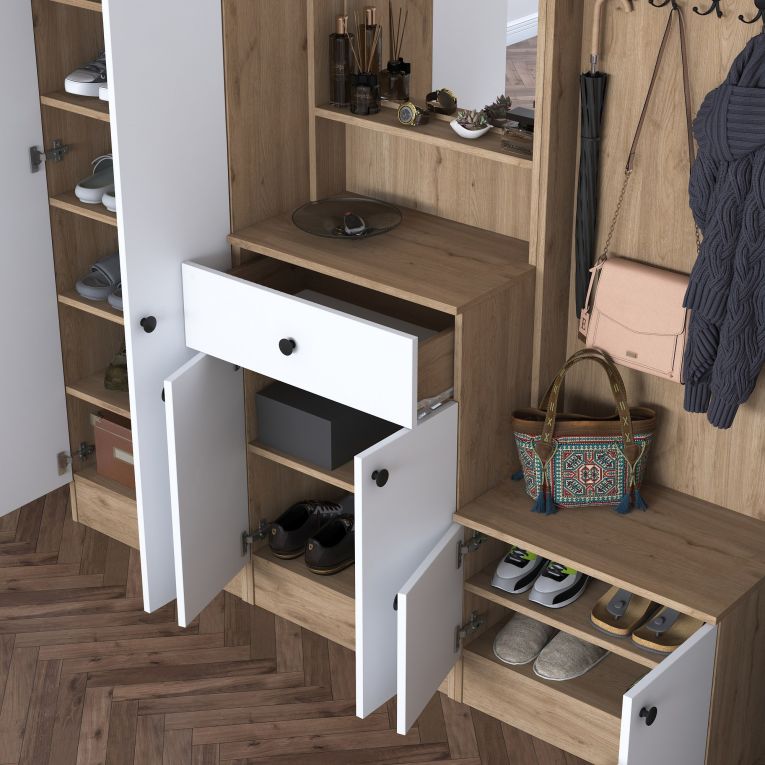 Mobile da Ingresso Bianco Marrone Noce Specchio Incluso Appendiabiti 179x36x183h cm, 11 Ripiani - Elmas
