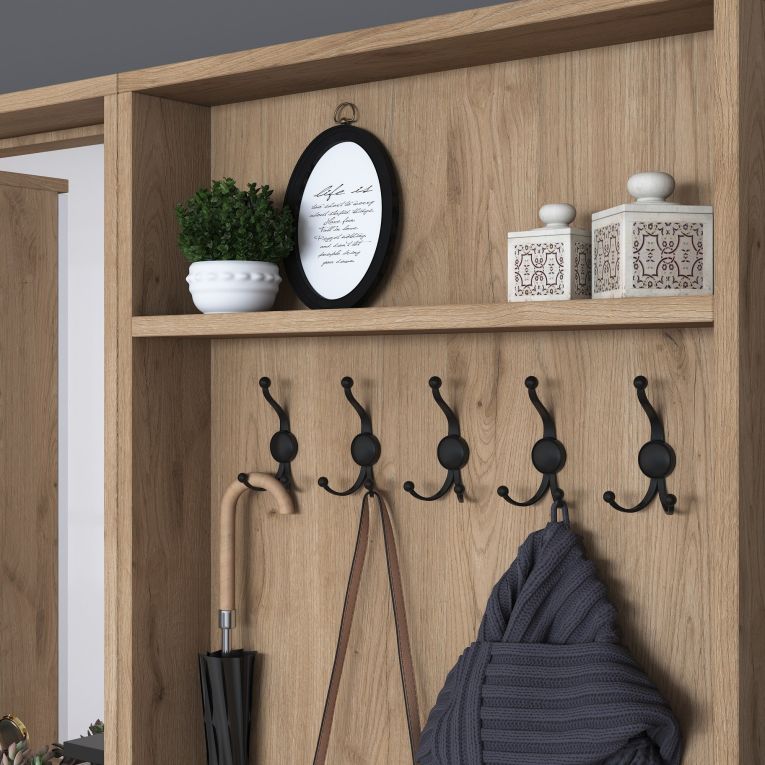 Mobile da Ingresso Bianco Marrone Noce Specchio Incluso Appendiabiti 179x36x183h cm, 11 Ripiani - Elmas