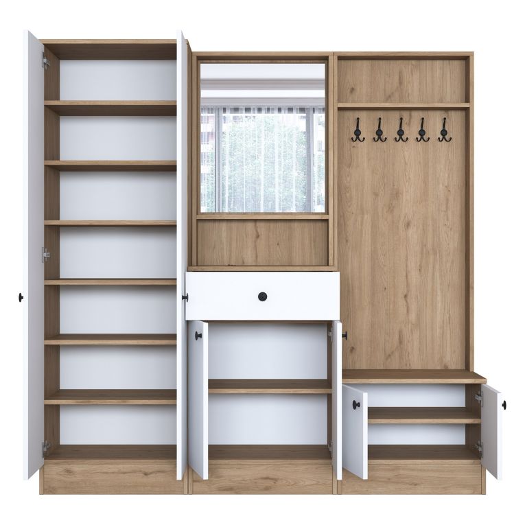 Mobile da Ingresso Bianco Marrone Noce Specchio Incluso Appendiabiti 179x36x183h cm, 11 Ripiani - Elmas