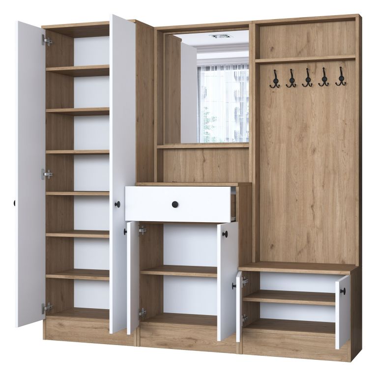 Mobile da Ingresso Bianco Marrone Noce Specchio Incluso Appendiabiti 179x36x183h cm, 11 Ripiani - Elmas