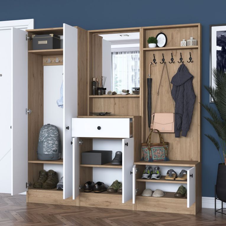 Mobile da Ingresso Bianco Marrone Noce Specchio Incluso Appendiabiti 179x38x183h cm, 8 Ripiani - Riace