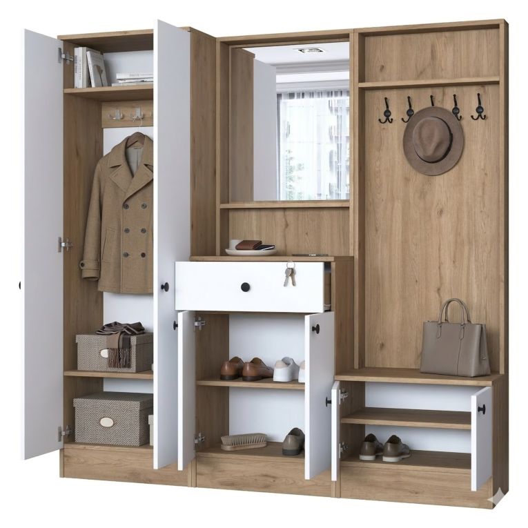 Mobile da Ingresso Bianco Marrone Noce Specchio Incluso Appendiabiti 179x38x183h cm, 8 Ripiani - Riace