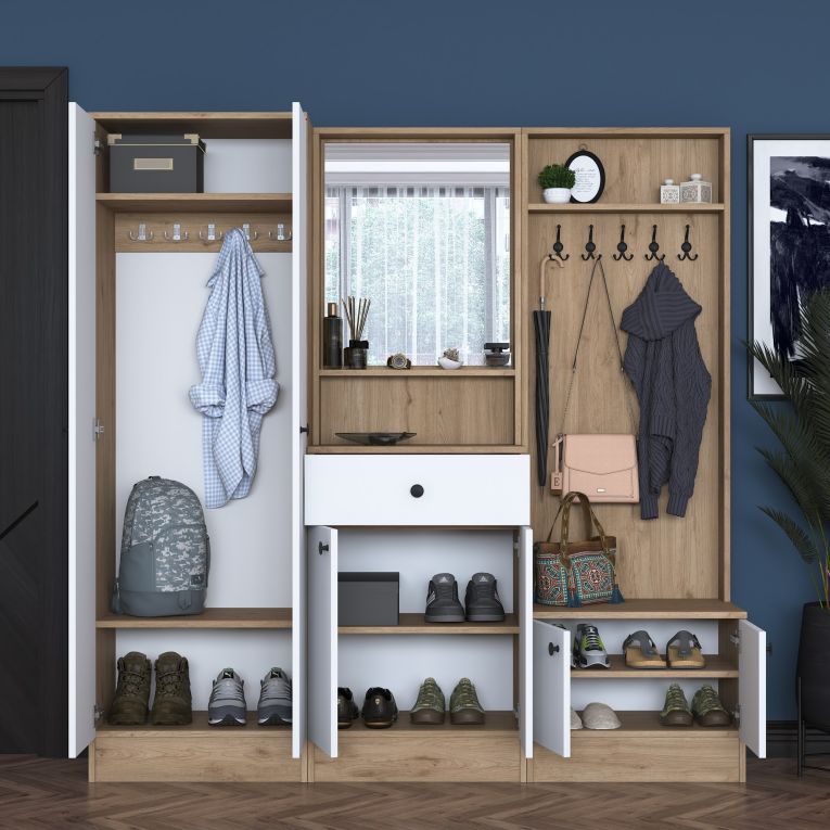 Mobile da Ingresso Bianco Marrone Noce Specchio Incluso Appendiabiti 179x38x183h cm, 8 Ripiani - Riace