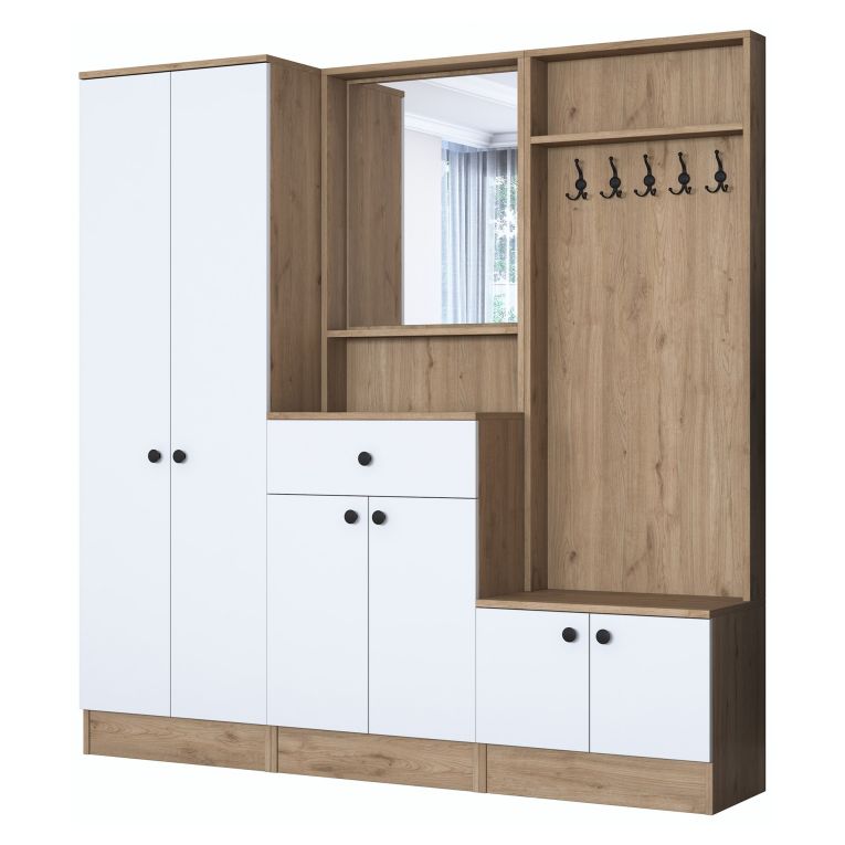 Mobile da Ingresso Bianco Marrone Noce Specchio Incluso Appendiabiti 179x38x183h cm, 8 Ripiani - Riace