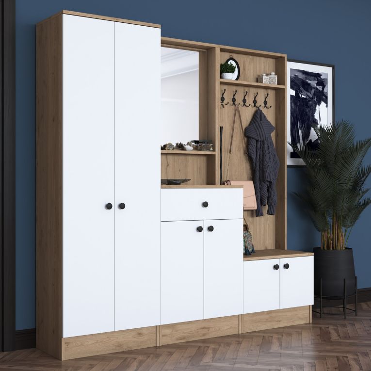 Mobile da Ingresso Bianco Marrone Noce Specchio Incluso Appendiabiti 179x38x183h cm, 8 Ripiani - Riace
