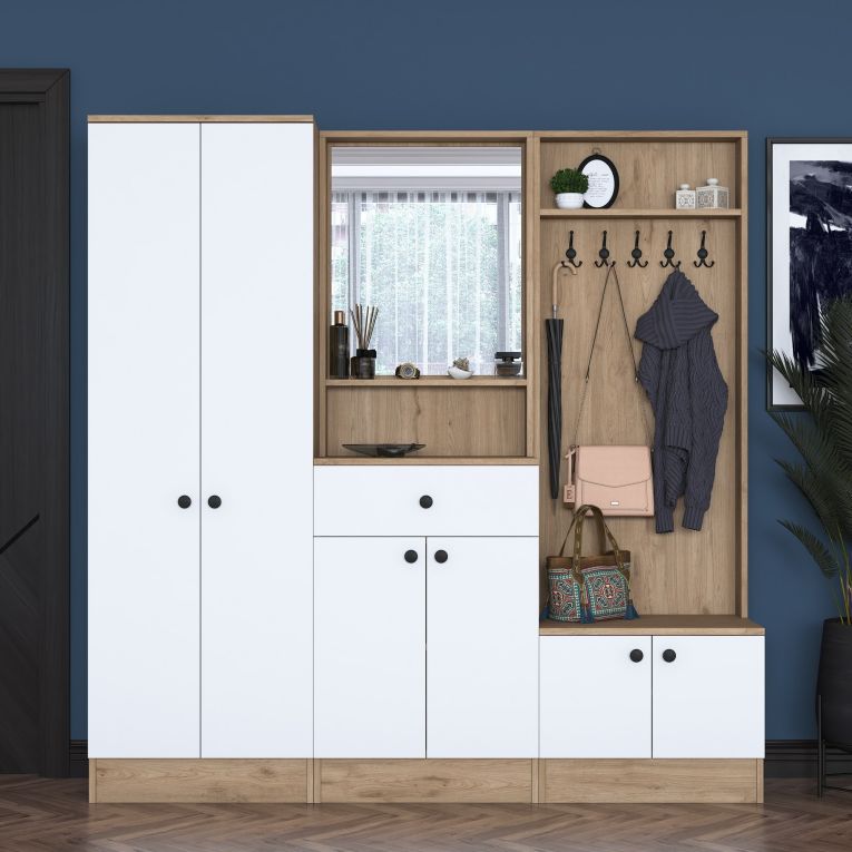 Mobile da Ingresso Bianco Marrone Noce Specchio Incluso Appendiabiti 179x38x183h cm, 8 Ripiani - Riace