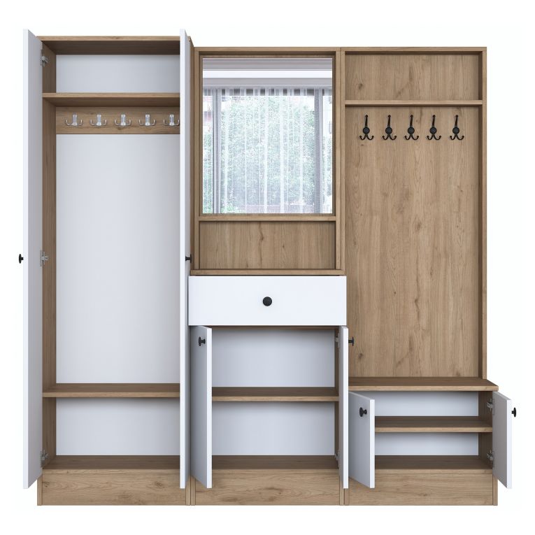 Mobile da Ingresso Bianco Marrone Noce Specchio Incluso Appendiabiti 179x38x183h cm, 8 Ripiani - Riace