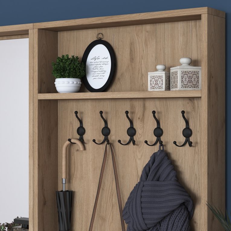 Mobile da Ingresso Bianco Marrone Noce Specchio Incluso Appendiabiti 179x38x183h cm, 8 Ripiani - Riace