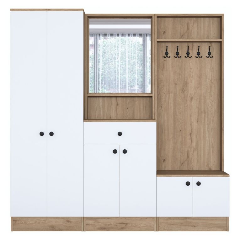 Mobile da Ingresso Bianco Marrone Noce Specchio Incluso Appendiabiti 179x38x183h cm, 8 Ripiani - Riace