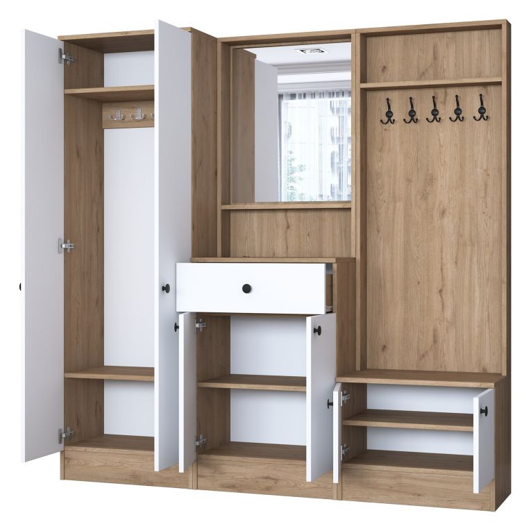 Mobile da Ingresso Bianco Marrone Noce Specchio Incluso Appendiabiti 179x38x183h cm, 8 Ripiani - Riace