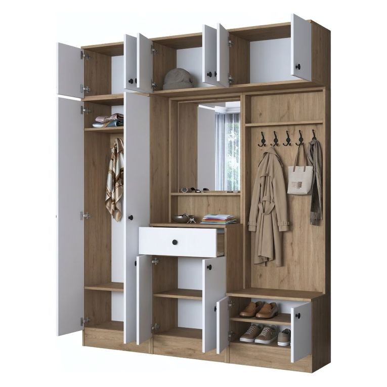 Mobile da Ingresso Bianco Marrone Noce Specchio Incluso Appendiabiti 179x38x226h cm, 11 Ripiani - Torpe