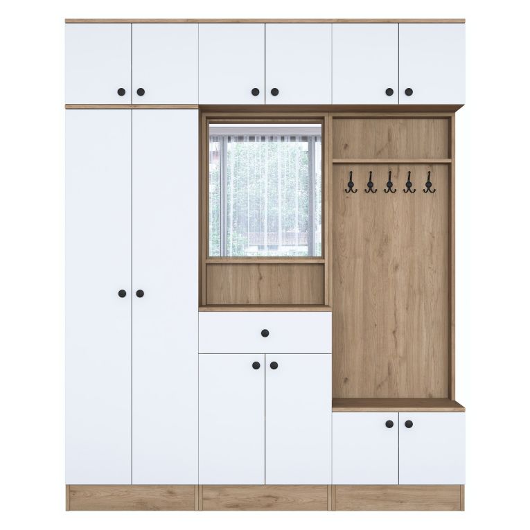 Mobile da Ingresso Bianco Marrone Noce Specchio Incluso Appendiabiti 179x38x226h cm, 11 Ripiani - Torpe