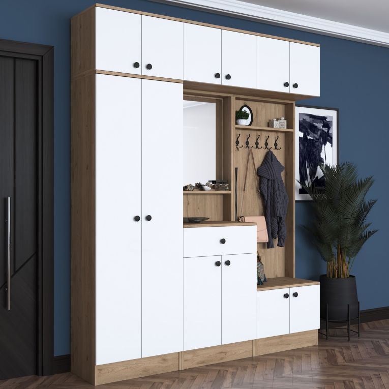 Mobile da Ingresso Bianco Marrone Noce Specchio Incluso Appendiabiti 179x38x226h cm, 11 Ripiani - Torpe