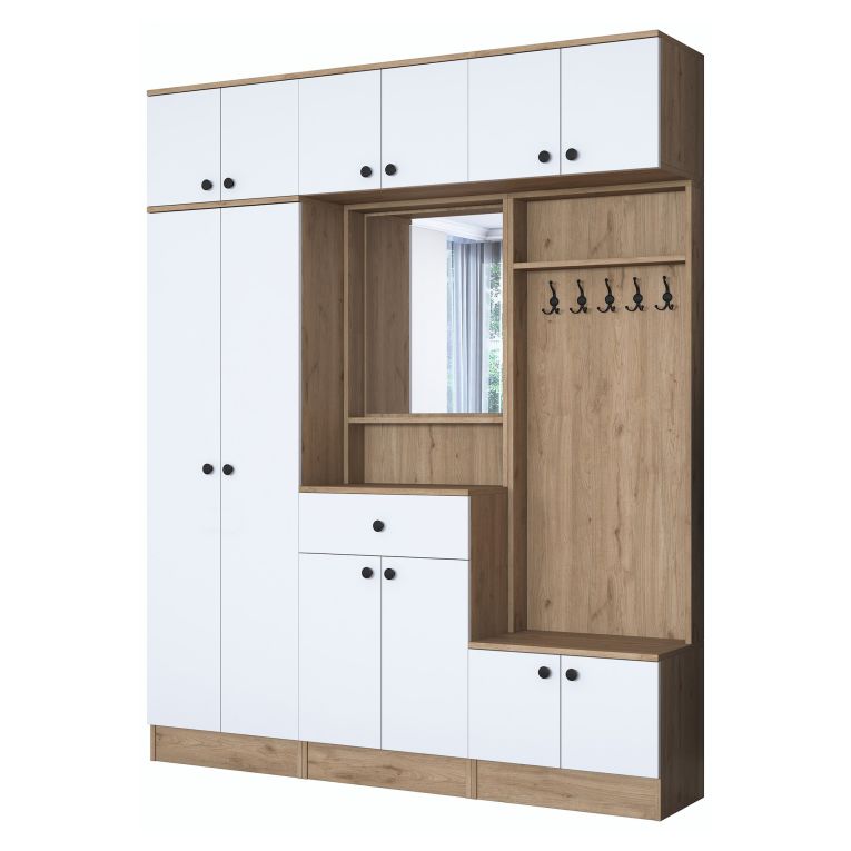 Mobile da Ingresso Bianco Marrone Noce Specchio Incluso Appendiabiti 179x38x226h cm, 11 Ripiani - Torpe