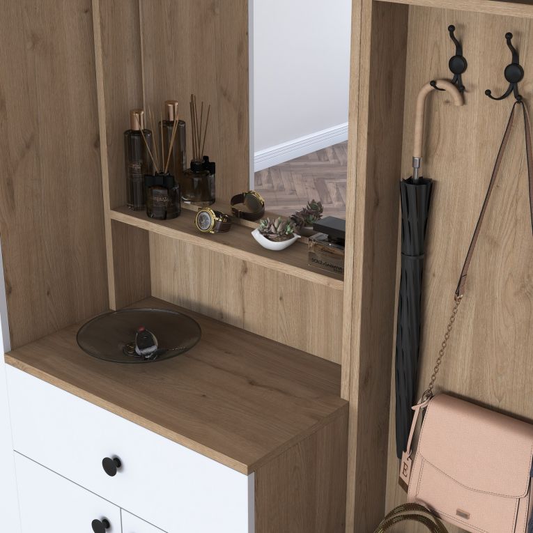Mobile da Ingresso Bianco Marrone Noce Specchio Incluso Appendiabiti 179x38x226h cm, 11 Ripiani - Torpe
