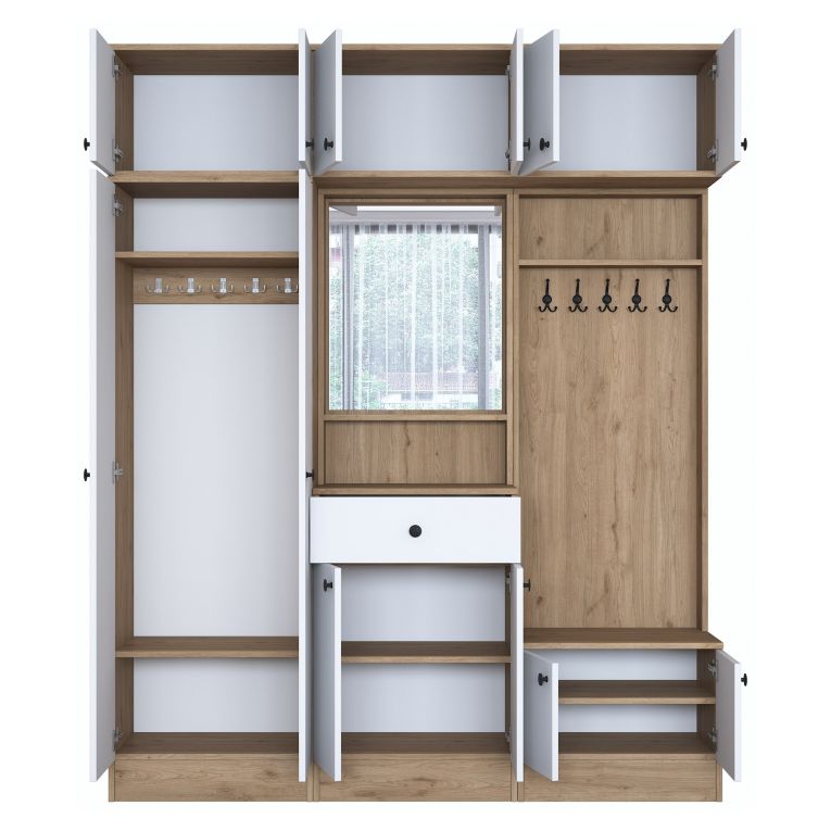 Mobile da Ingresso Bianco Marrone Noce Specchio Incluso Appendiabiti 179x38x226h cm, 11 Ripiani - Torpe