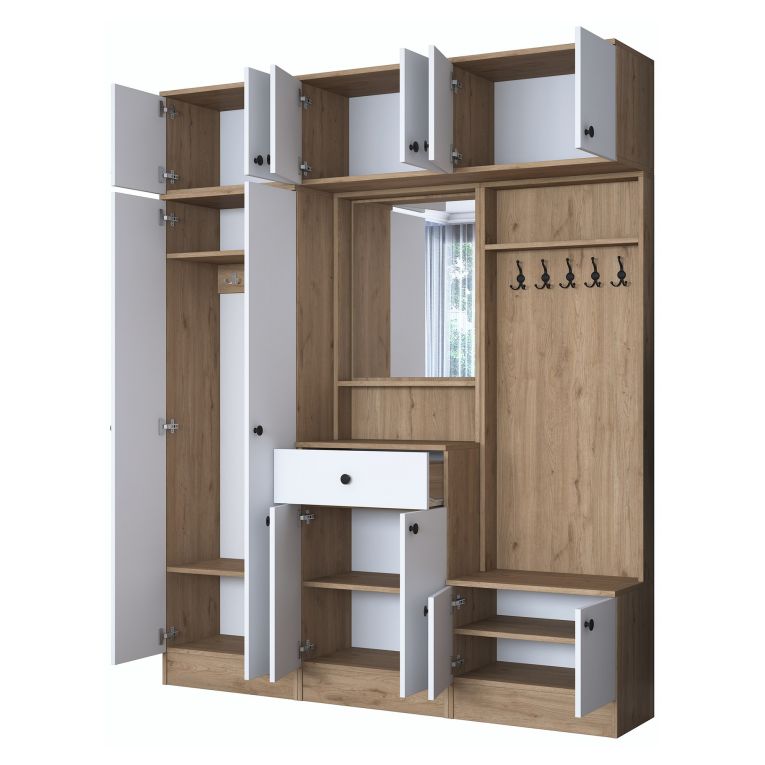 Mobile da Ingresso Bianco Marrone Noce Specchio Incluso Appendiabiti 179x38x226h cm, 11 Ripiani - Torpe