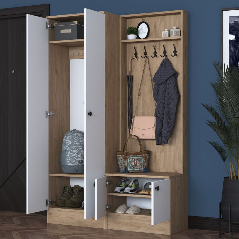 Mobile da Ingresso Bianco Marrone Rovere 5 Ripiani Appendiabiti 120x36x183h cm, 4 Ante - Rezzato