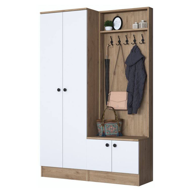 Mobile da Ingresso Bianco Marrone Rovere 5 Ripiani Appendiabiti 120x36x183h cm, 4 Ante - Rezzato