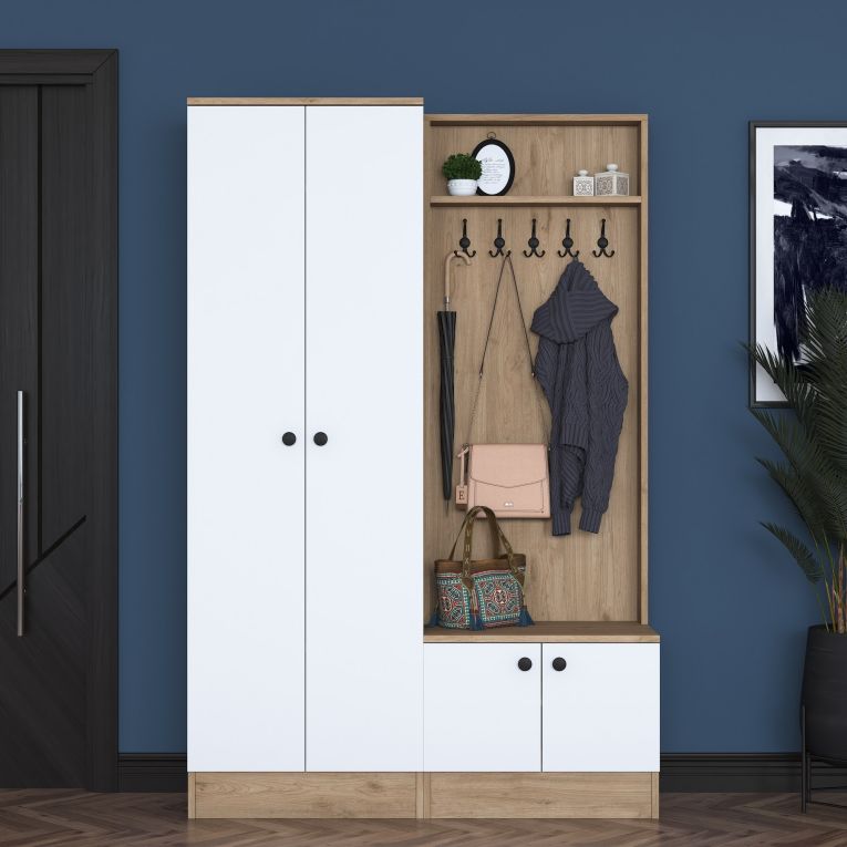 Mobile da Ingresso Bianco Marrone Rovere 5 Ripiani Appendiabiti 120x36x183h cm, 4 Ante - Rezzato