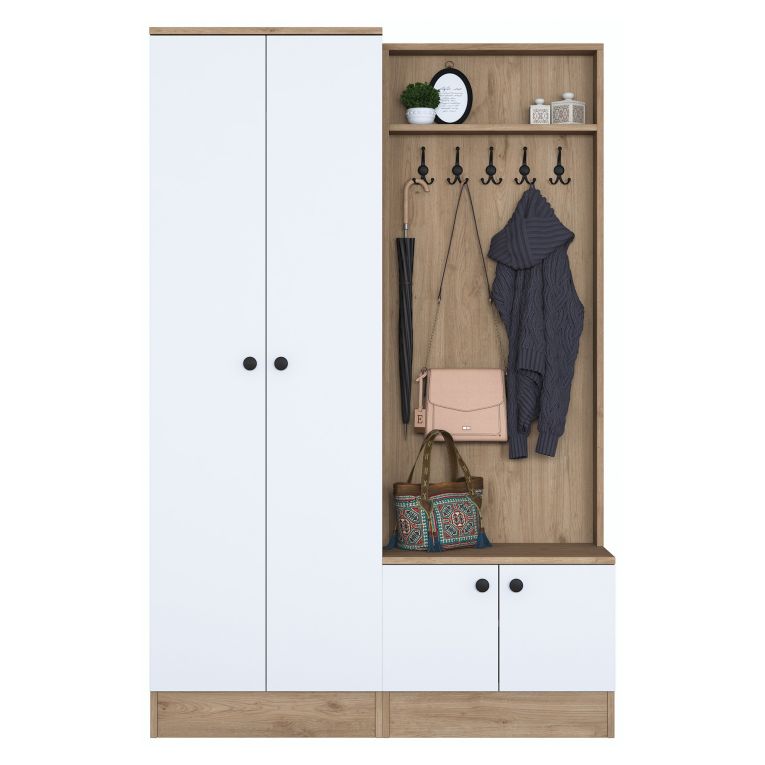 Mobile da Ingresso Bianco Marrone Rovere 5 Ripiani Appendiabiti 120x36x183h cm, 4 Ante - Rezzato