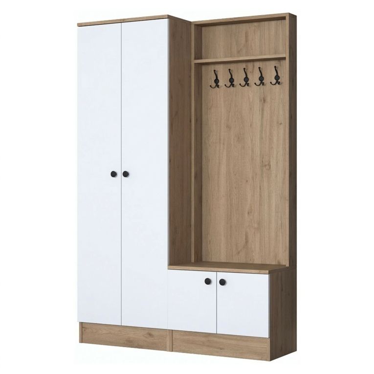 Mobile da Ingresso Bianco Marrone Rovere 5 Ripiani Appendiabiti 120x36x183h cm, 4 Ante - Rezzato