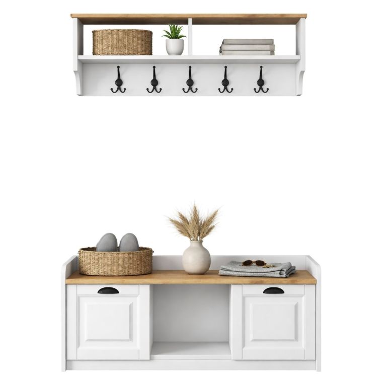 Mobile da Ingresso Bianco Marrone Rovere 6 Ripiani Appendiabiti 120x22x37h cm, Modulabile - Orte