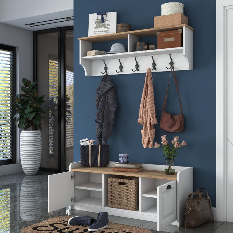 Mobile da Ingresso Bianco Marrone Rovere 6 Ripiani Appendiabiti 120x22x37h cm, Modulabile - Orte