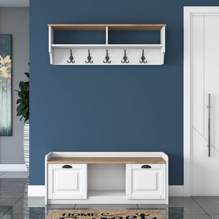 Mobile da Ingresso Bianco Marrone Rovere 6 Ripiani Appendiabiti 120x22x37h cm, Modulabile - Orte