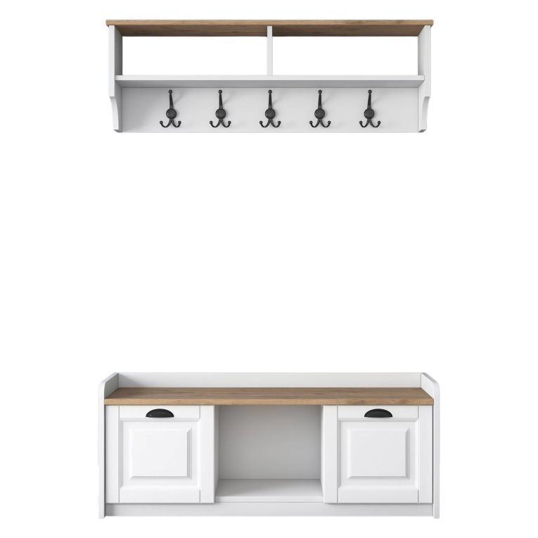 Mobile da Ingresso Bianco Marrone Rovere 6 Ripiani Appendiabiti 120x22x37h cm, Modulabile - Orte