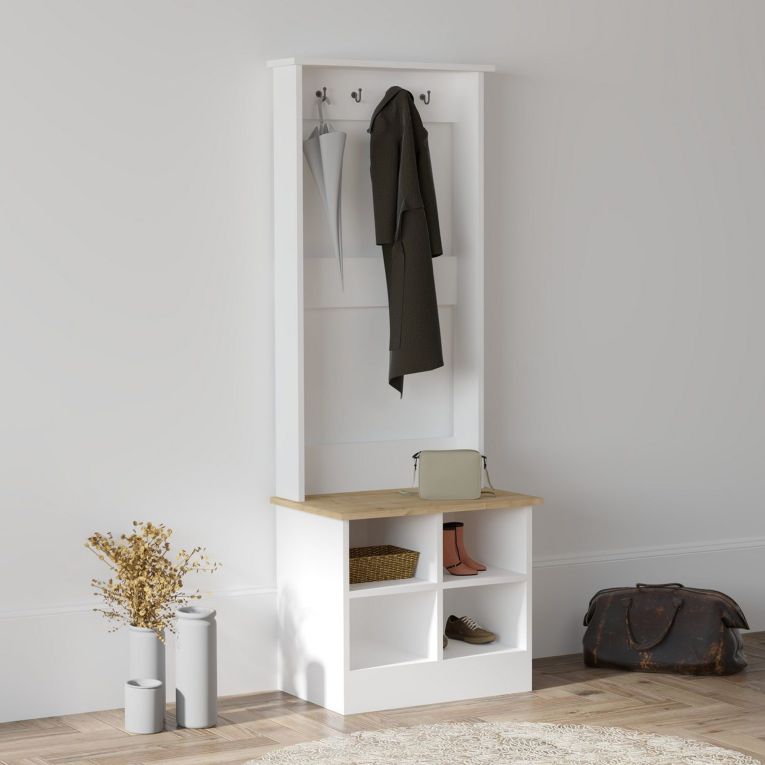 Mobile da Ingresso Bianco Marrone Rovere 6 Ripiani Appendiabiti 64x43x175h cm, 4 Vani - Verderio