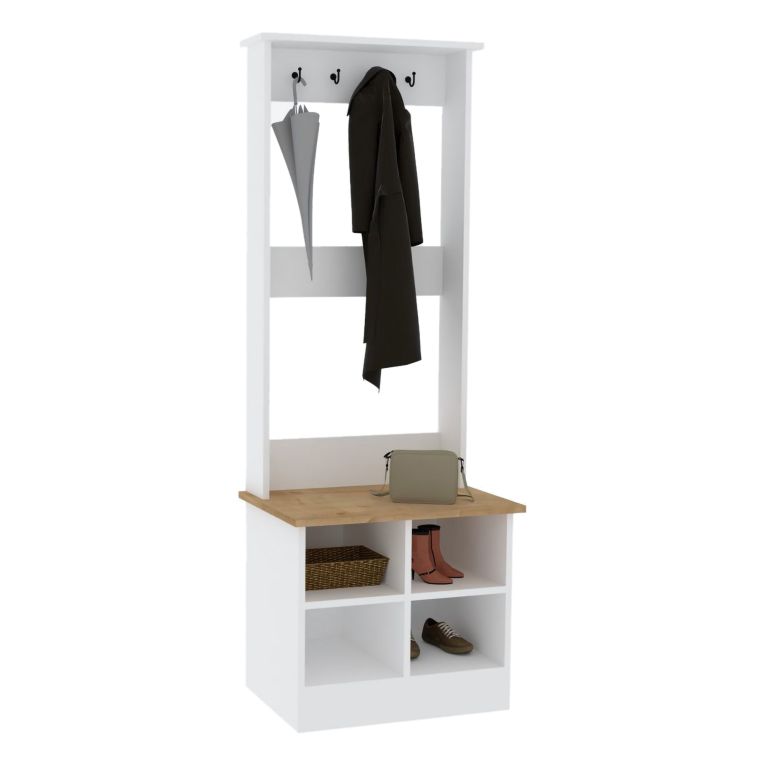 Mobile da Ingresso Bianco Marrone Rovere 6 Ripiani Appendiabiti 64x43x175h cm, 4 Vani - Verderio