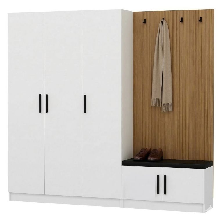 Mobile da Ingresso Bianco Marrone Rovere 7 Ripiani Appendiabiti 225x35x210h cm, 5 Ante - Tolfa